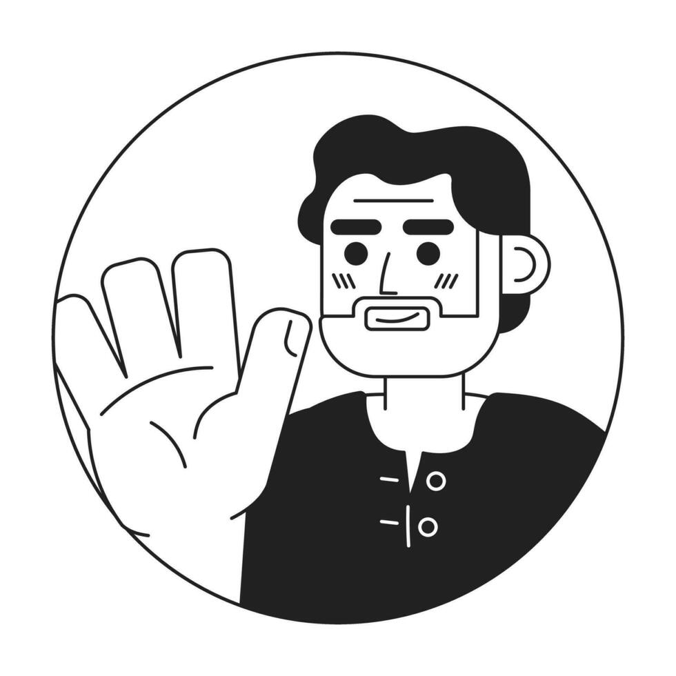 Hispano antiguo hombre ondulación mano saludo negro y blanco 2d vector avatar ilustración. saludo con la mano barbado mayor mexicano chico contorno dibujos animados personaje cara aislado. Bienvenido gesticulando plano retrato