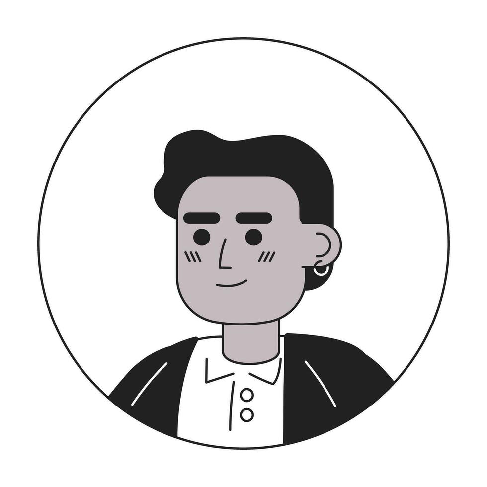 aro arete negro joven hombre relajado en pie negro y blanco 2d vector avatar ilustración. alegre africano americano chico contorno dibujos animados personaje cara aislado. confidente disparo a la cabeza plano retrato