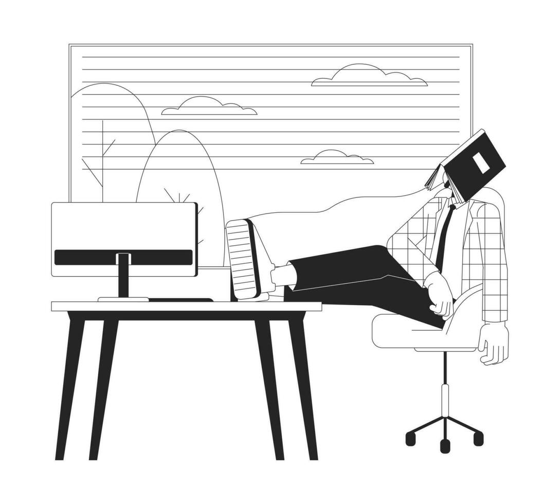 Doing bare minimum at work black and white cartoon flat illustration. Low-engagement worker putting feet on table 2D lineart character isolated. Quiet quitting monochrome scene vector outline image