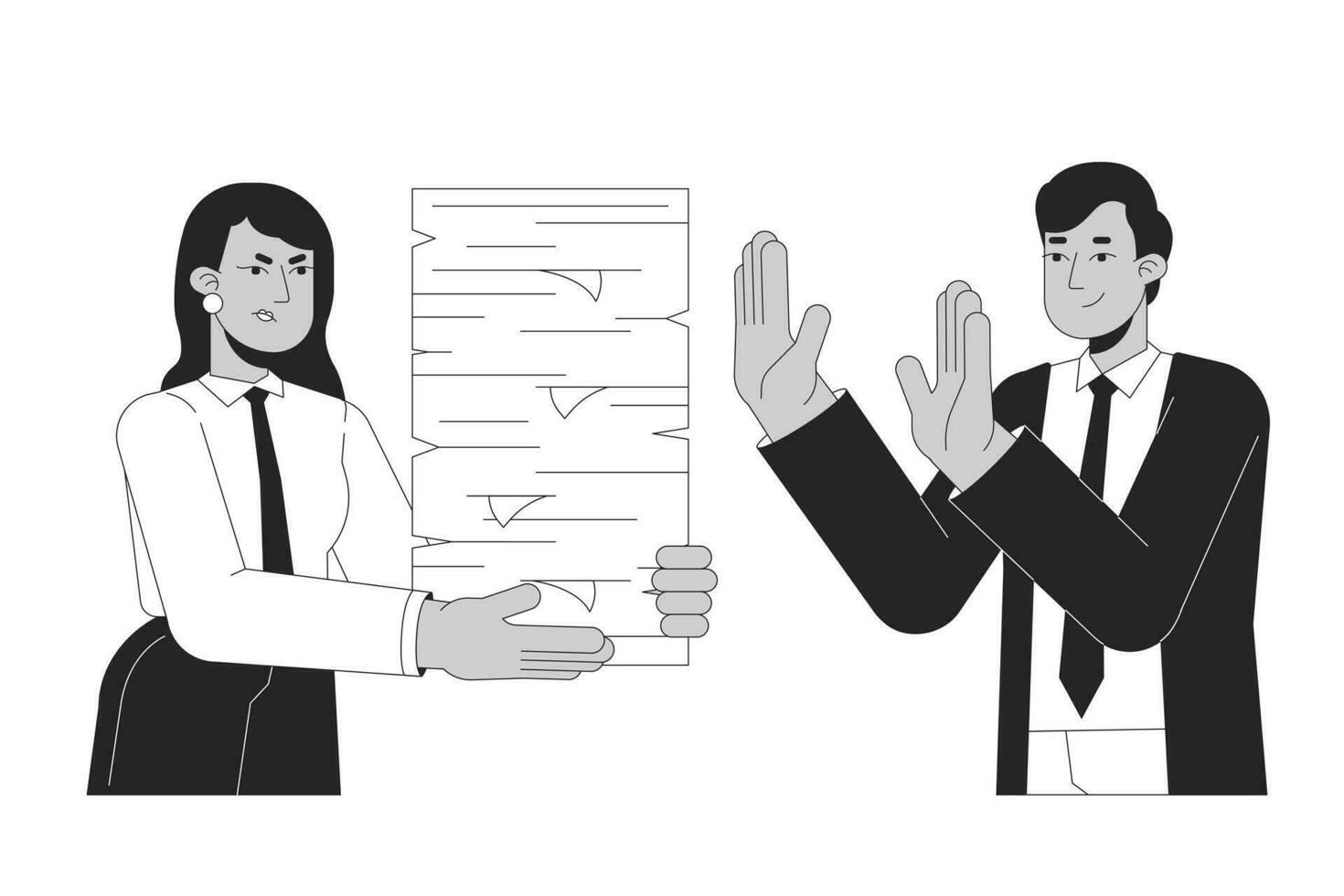 No to unreasonable workload black and white cartoon flat illustration. Gen z employee refusing overwork from disappointed manager 2D lineart characters isolated. Say no monochrome vector outline image