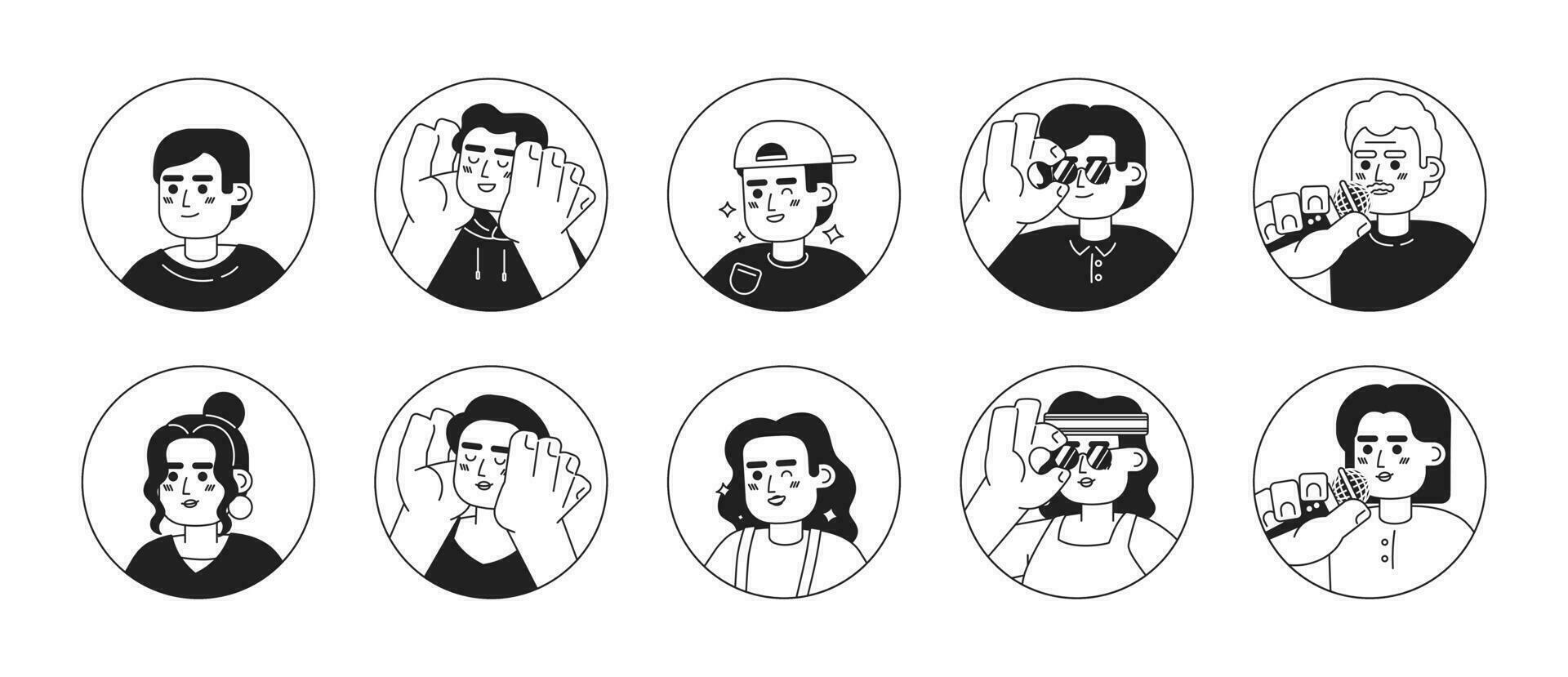 Modern latino people black and white 2D vector avatars illustration set. Stylish latin american outline cartoon character faces isolated. Joyful happy flat users profile images collection, portraits