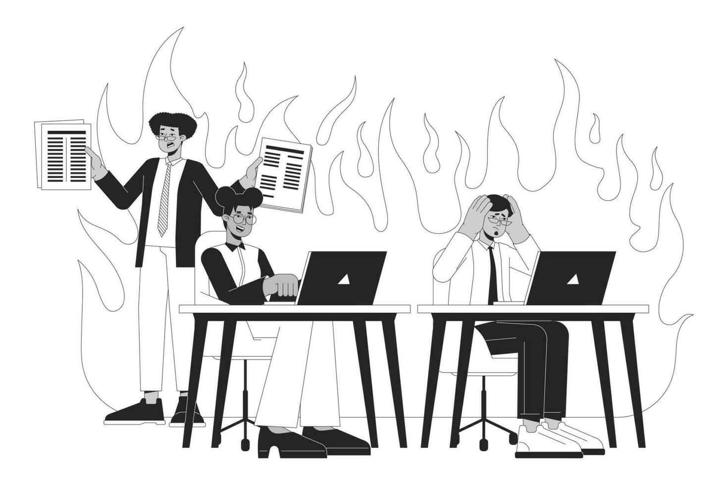 Coping with stress at work black and white 2D illustration concept. Relaxed employee and colleagues under pressure cartoon outline characters isolated on white. Burnout metaphor monochrome vector art