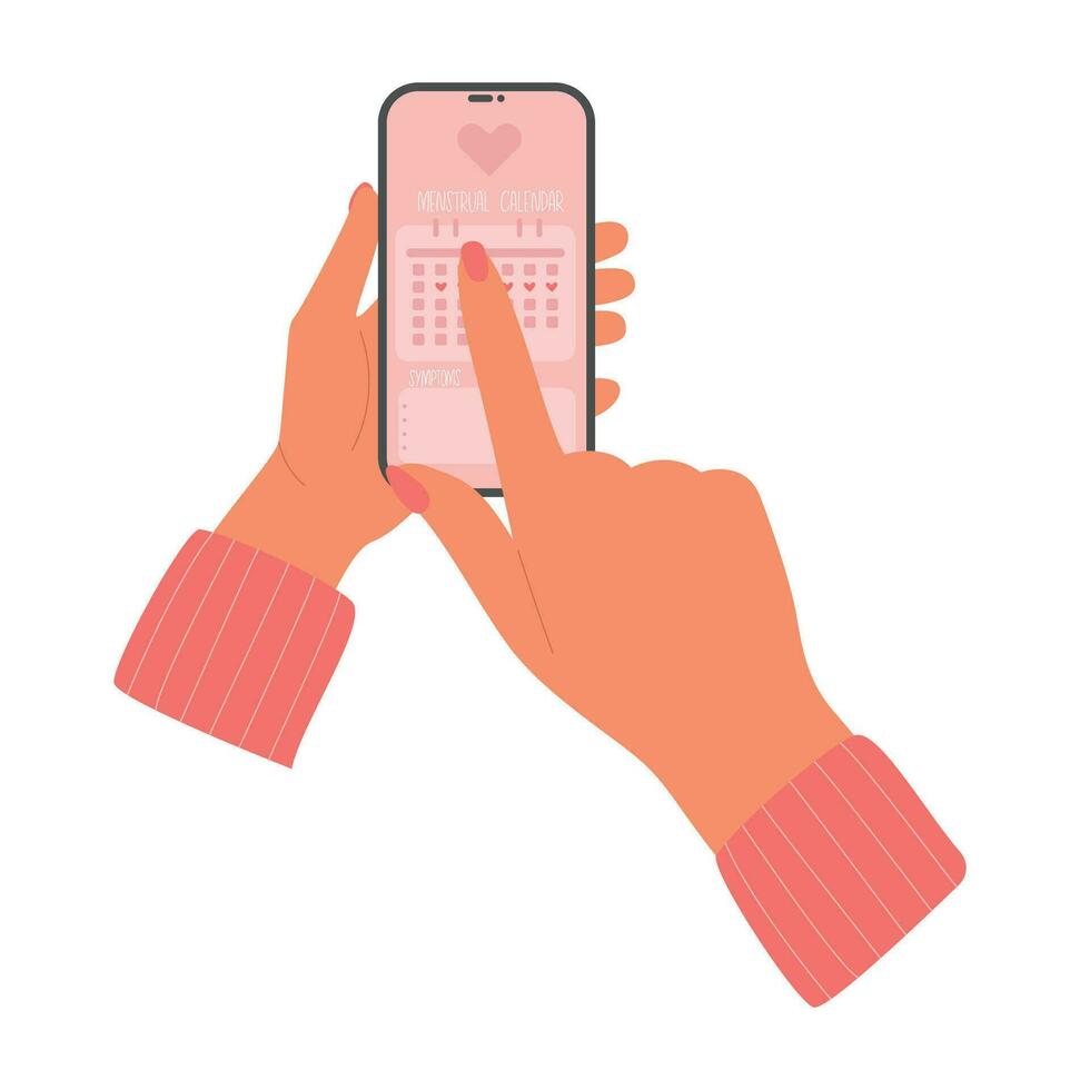 Girl holds phone in hands with a menstruation calendar tracker. Women's health care app. Period ovulation days control. vector