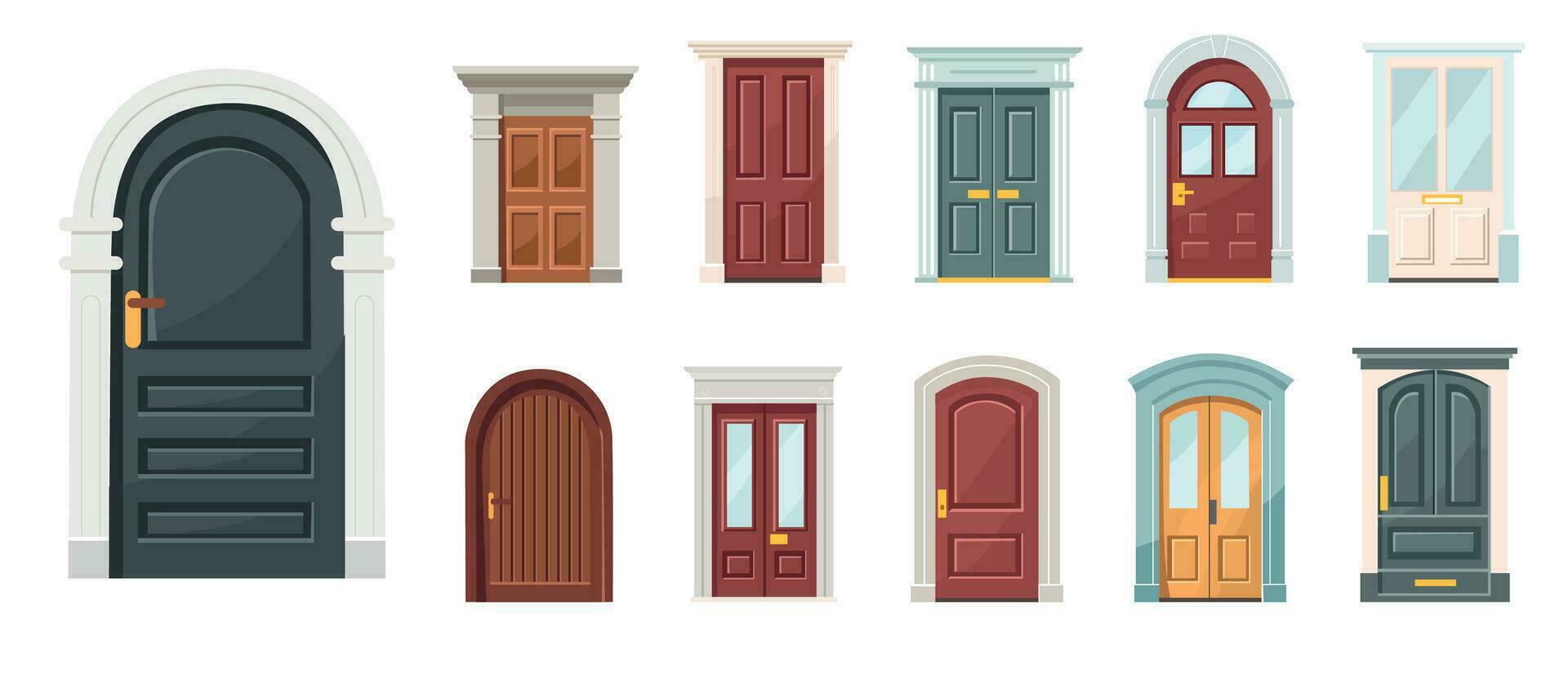 conjunto de diferente Entrada puertas a un casa o edificio en un plano estilo. vector