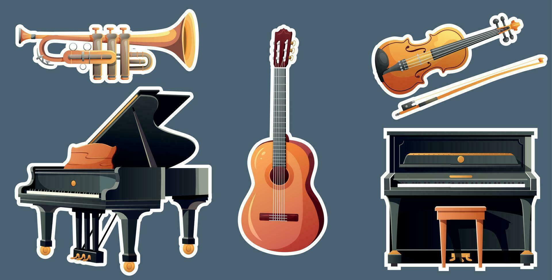 Set of musical vector instruments. Wind instruments, grand pianos, violin and guitar. .