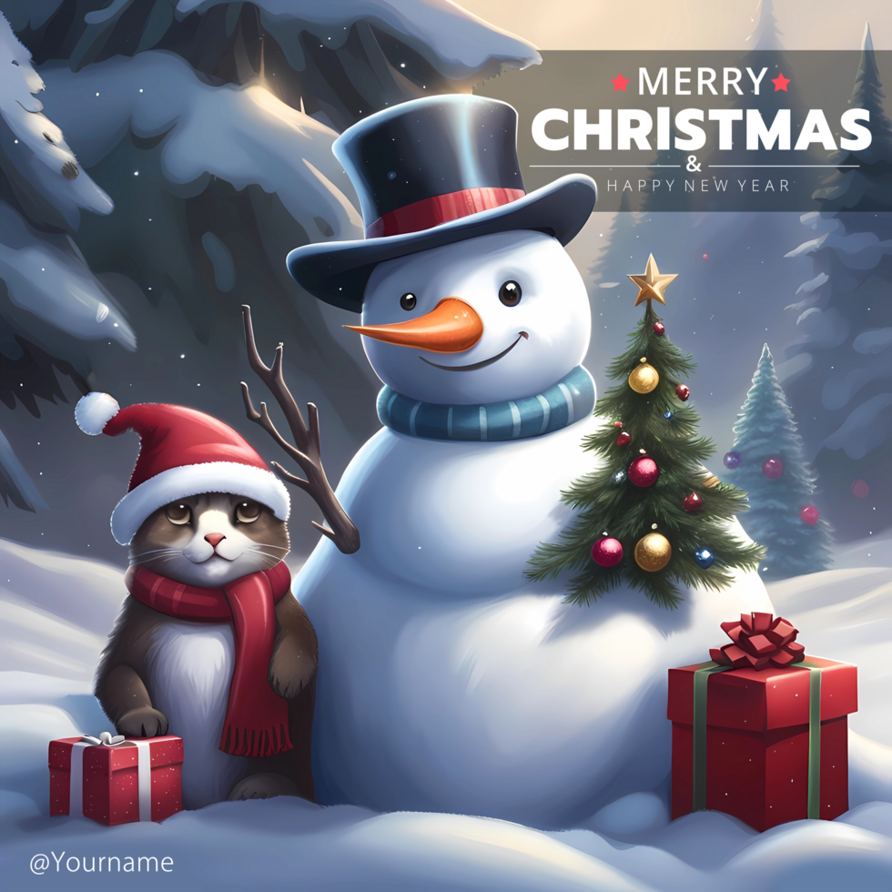 AI generated Merry Christmas Card Template With Happy Snowman, Cat And Christmas Gifts With Winter Background psd