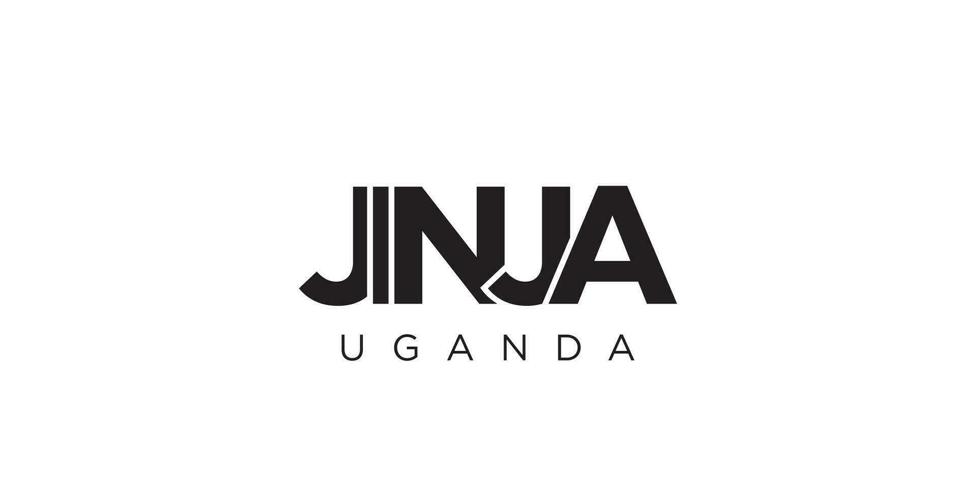 Jinja in the Uganda emblem. The design features a geometric style, vector illustration with bold typography in a modern font. The graphic slogan lettering.