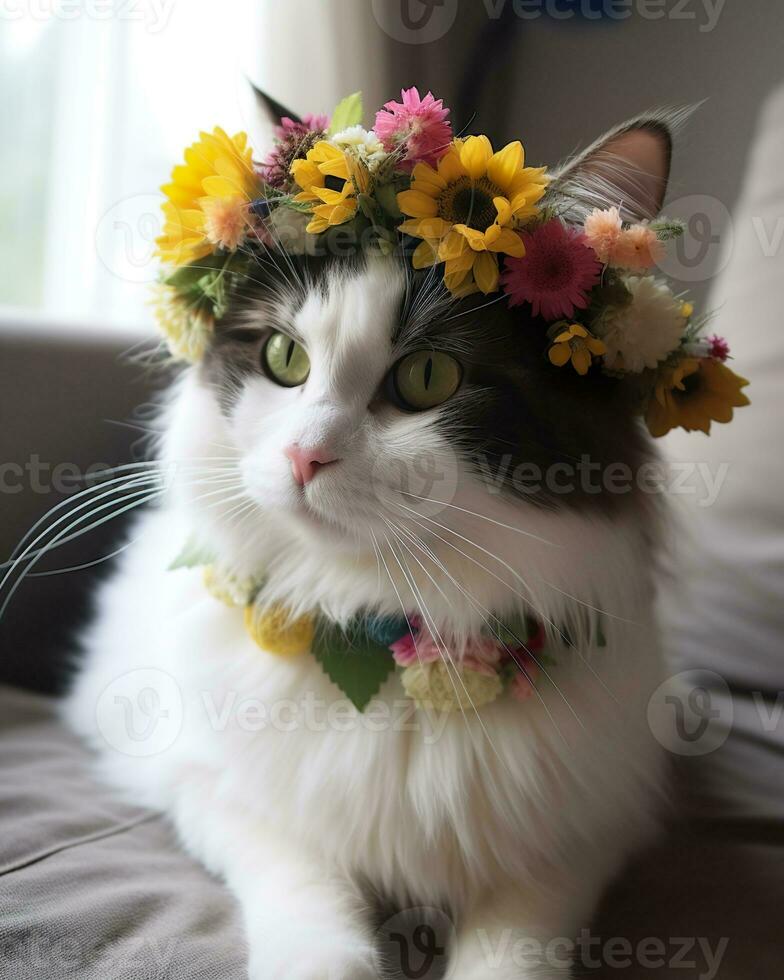 AI generated Cat with a wreath of flowers on her head and a green eyes photo