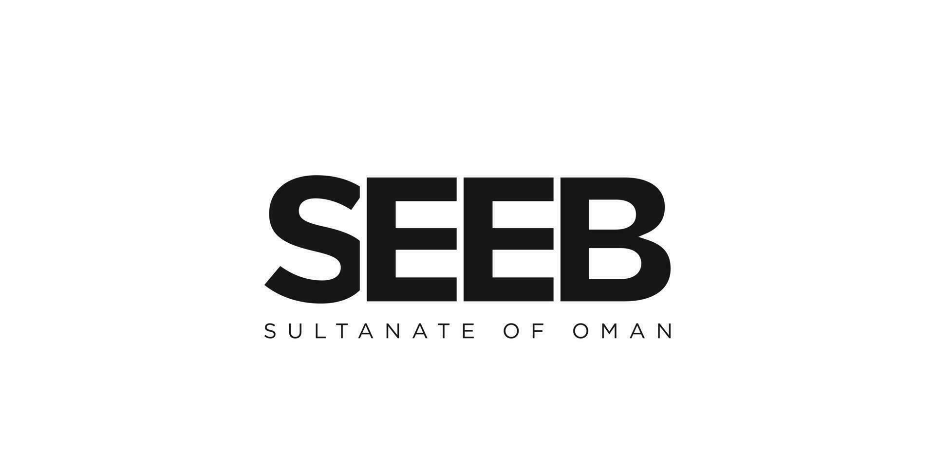 Seeb in the Oman emblem. The design features a geometric style, vector illustration with bold typography in a modern font. The graphic slogan lettering.