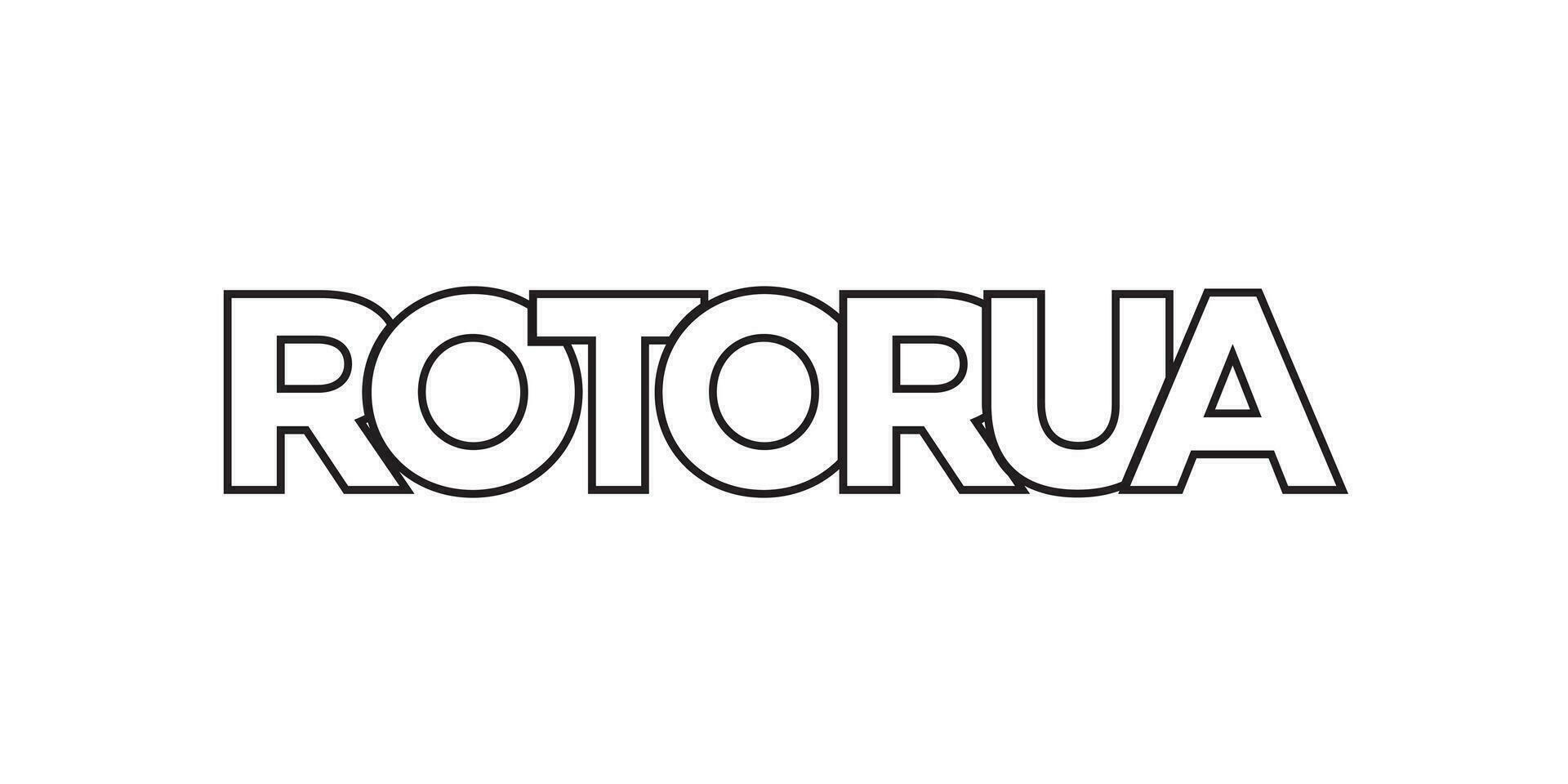 Rotorua in the New Zealand emblem. The design features a geometric style, vector illustration with bold typography in a modern font. The graphic slogan lettering.