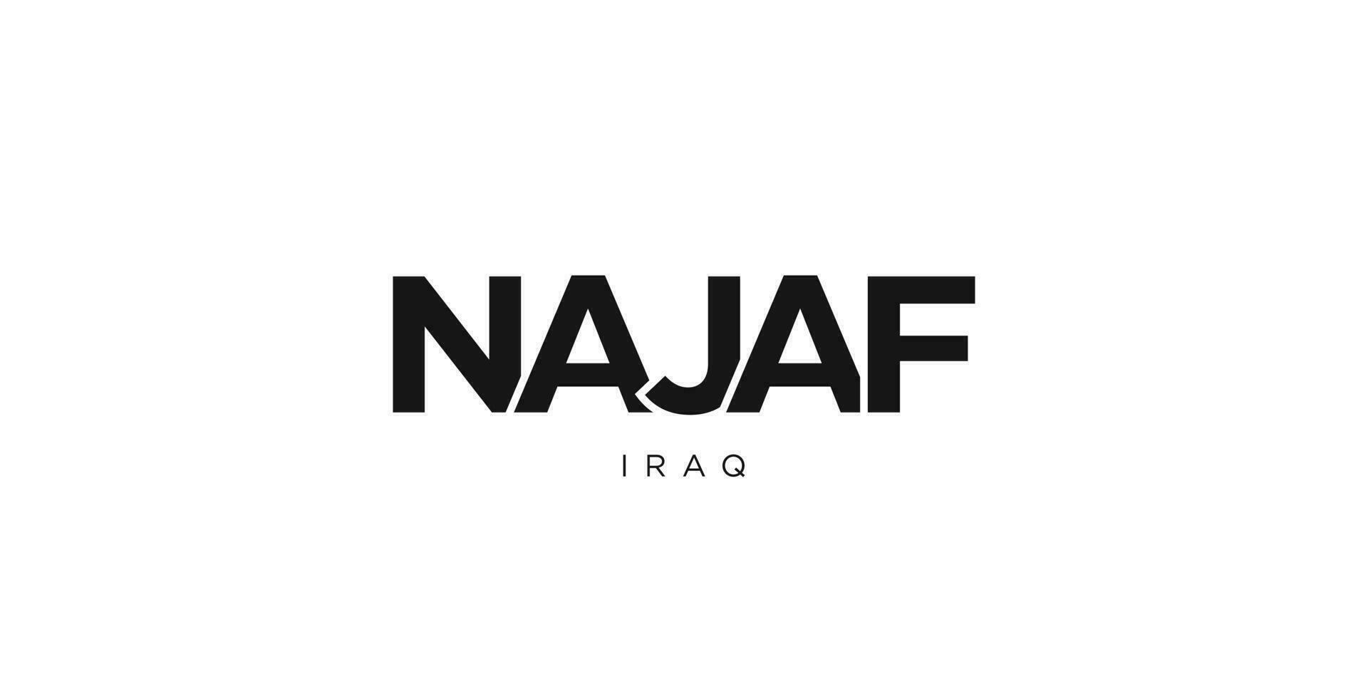 Najaf in the Iraq emblem. The design features a geometric style, vector illustration with bold typography in a modern font. The graphic slogan lettering.