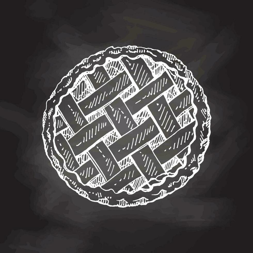 Hand-drawn traditional apple pie sketch on chalkboard background. Vector illustration of baking. Top view food for recipes, restaurant or cafe menu. Traditional food for Thanksgiving, Christmas.