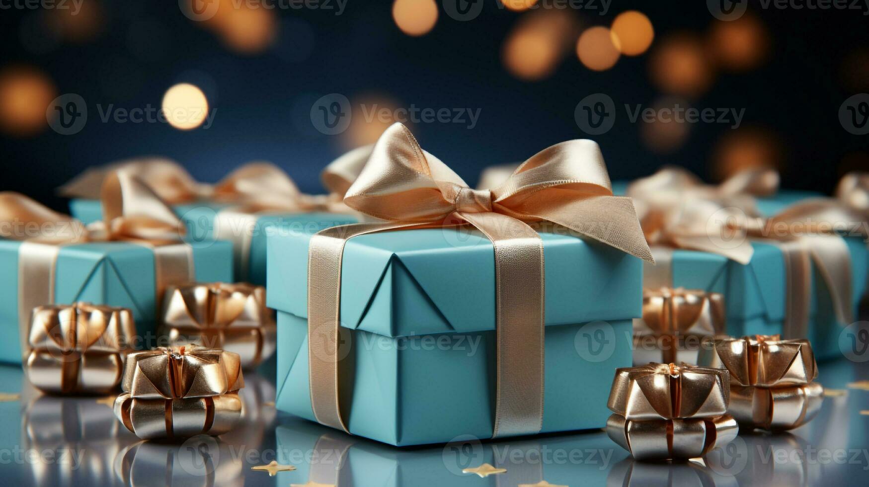 Gift box with satin ribbon and bow on blue background with copy space Generative AI photo