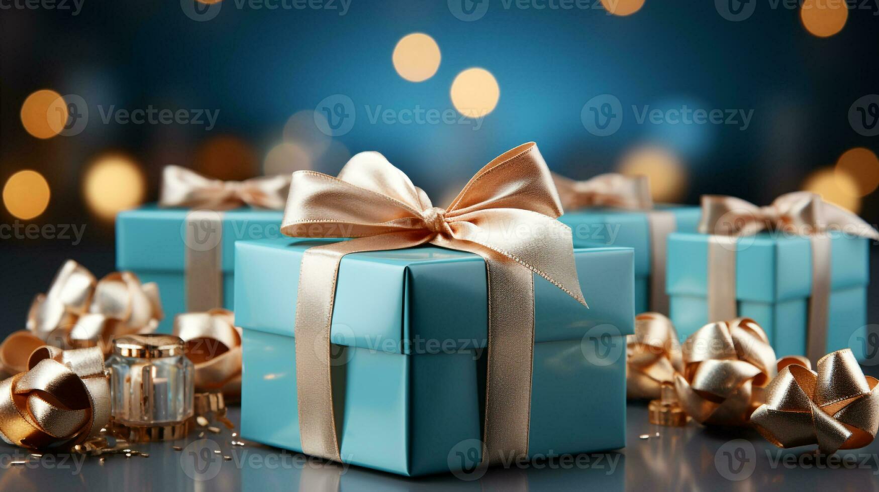 Gift box with satin ribbon and bow on blue background with copy space Generative AI photo