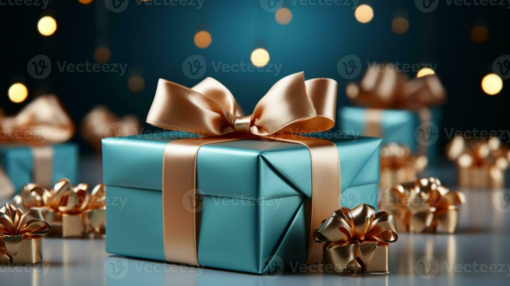 Gift box with satin ribbon and bow on blue background with copy space Generative AI photo