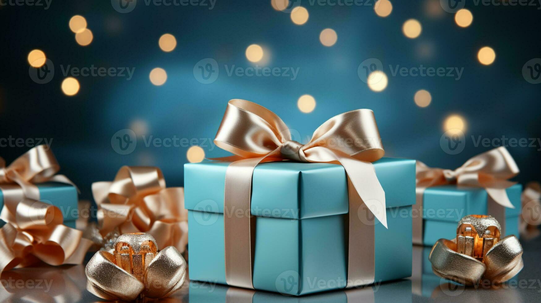 Gift box with satin ribbon and bow on blue background with copy space Generative AI photo