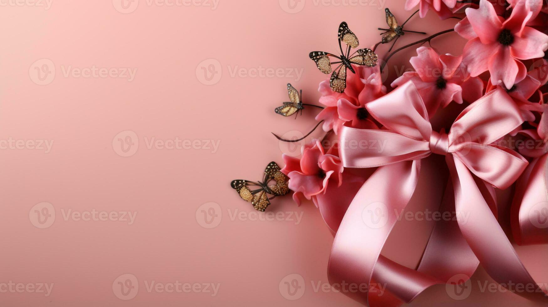 Pink ribbon on pink background with copy space Generative AI photo