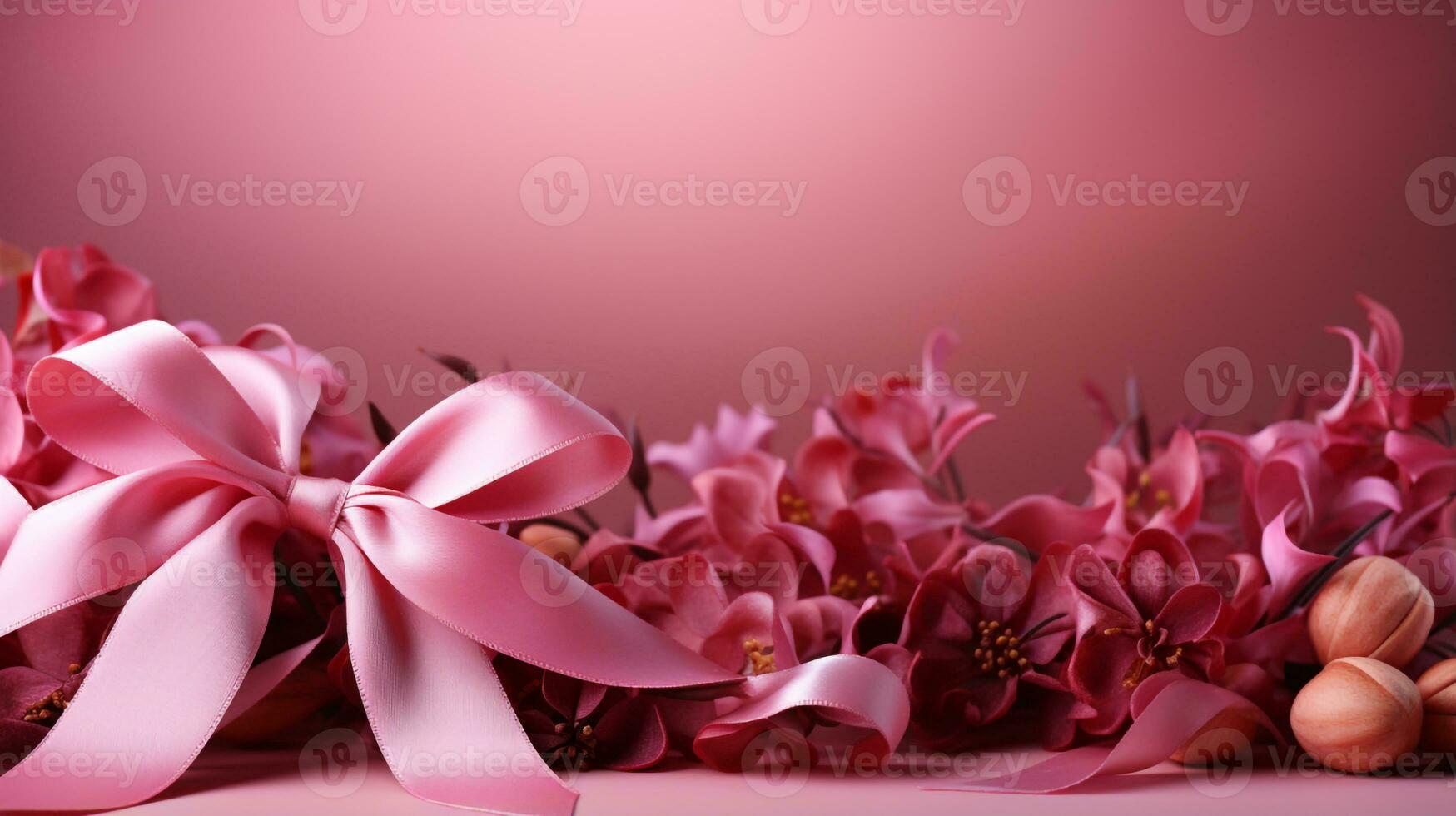 Pink ribbon on pink background with copy space Generative AI photo