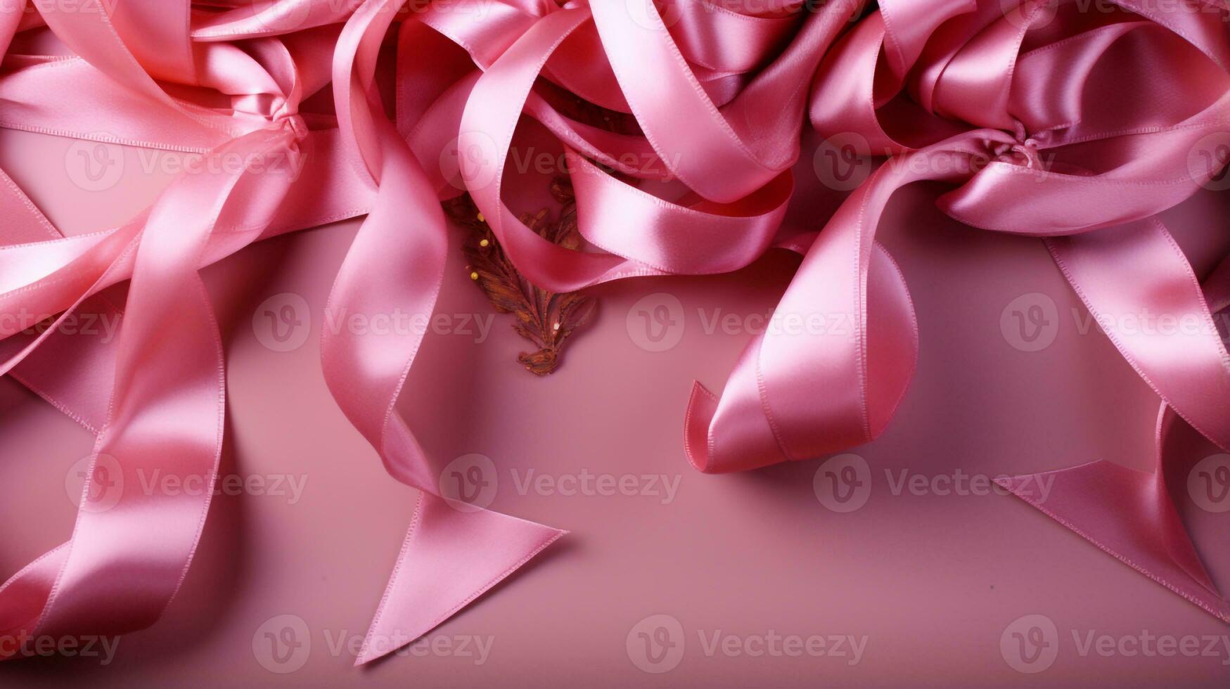 Pink ribbon on pink background with copy space Generative AI photo