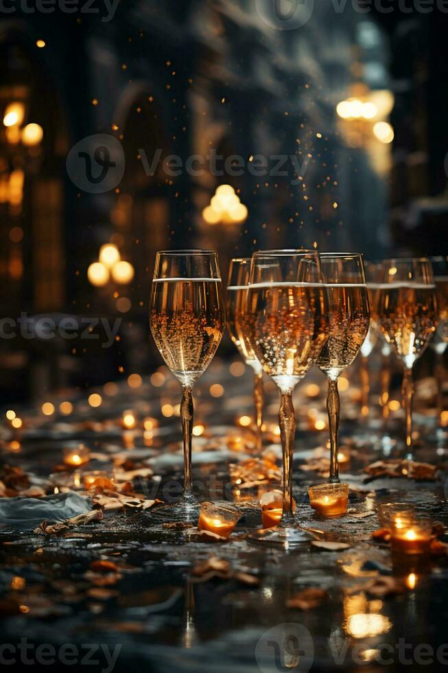 Champagne glasses and candlelight during New Year's celebration Generative AI photo