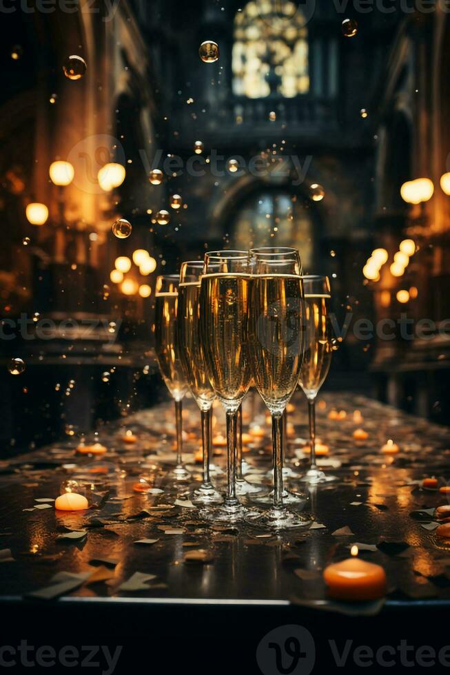 Champagne glasses and candlelight during New Year's celebration Generative AI photo