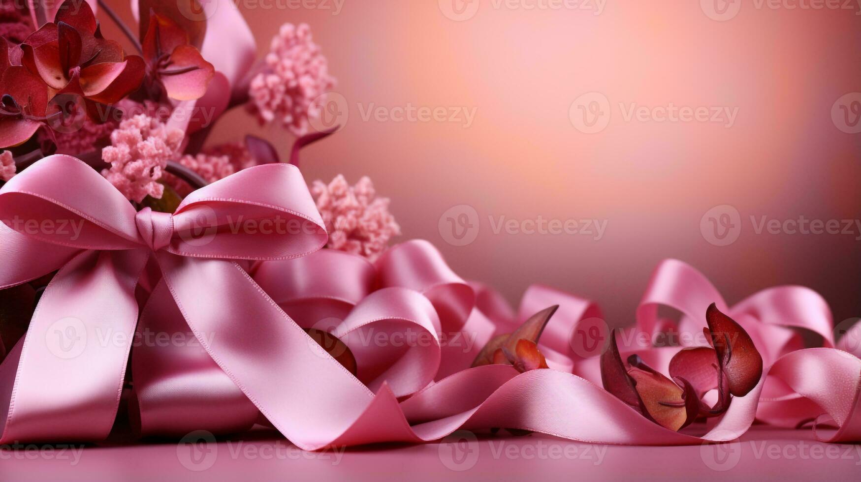 Pink ribbon on pink background with copy space Generative AI photo