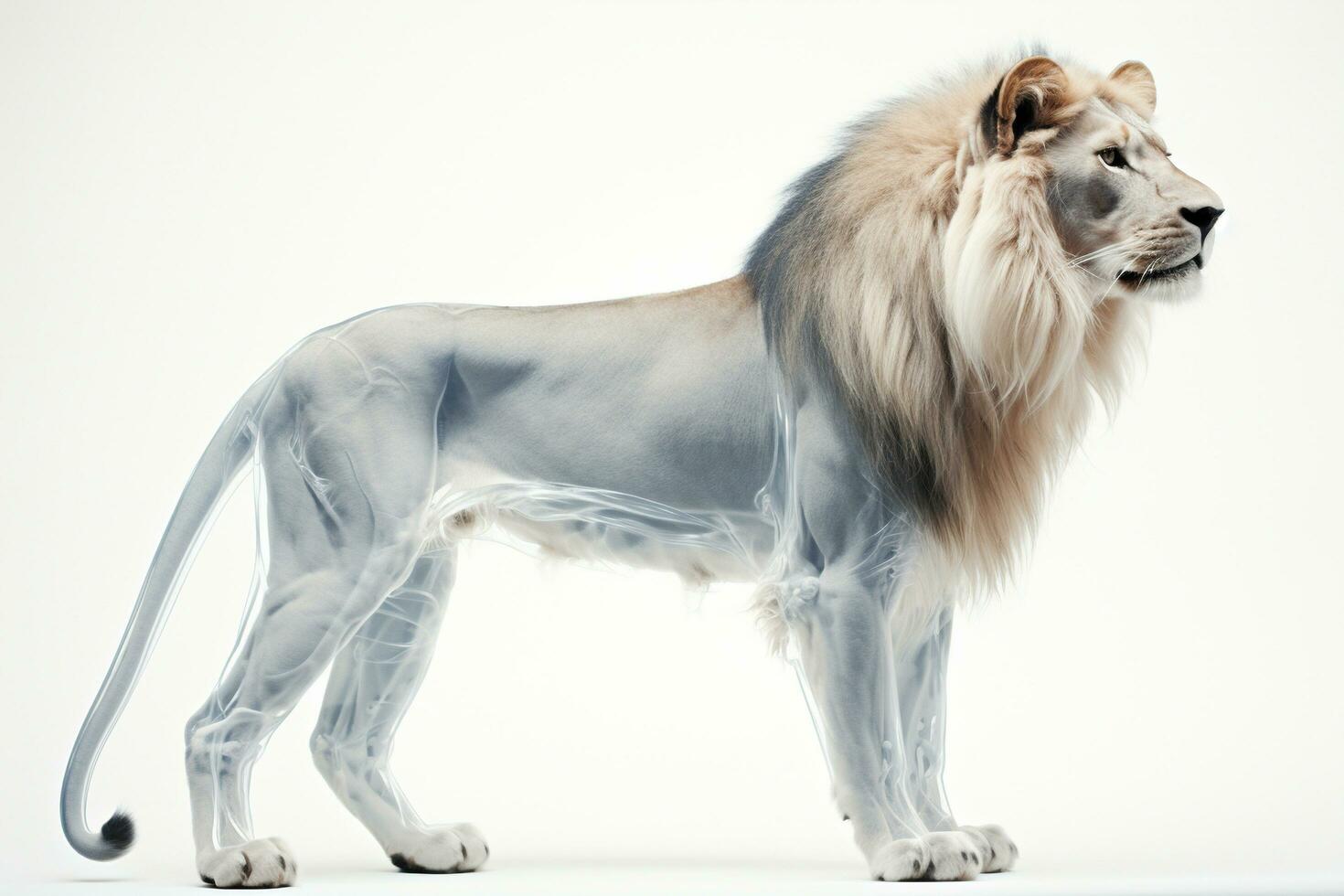 AI generated Side view of an adult lion against a white background. X-ray of a lion's body. Generative AI photo