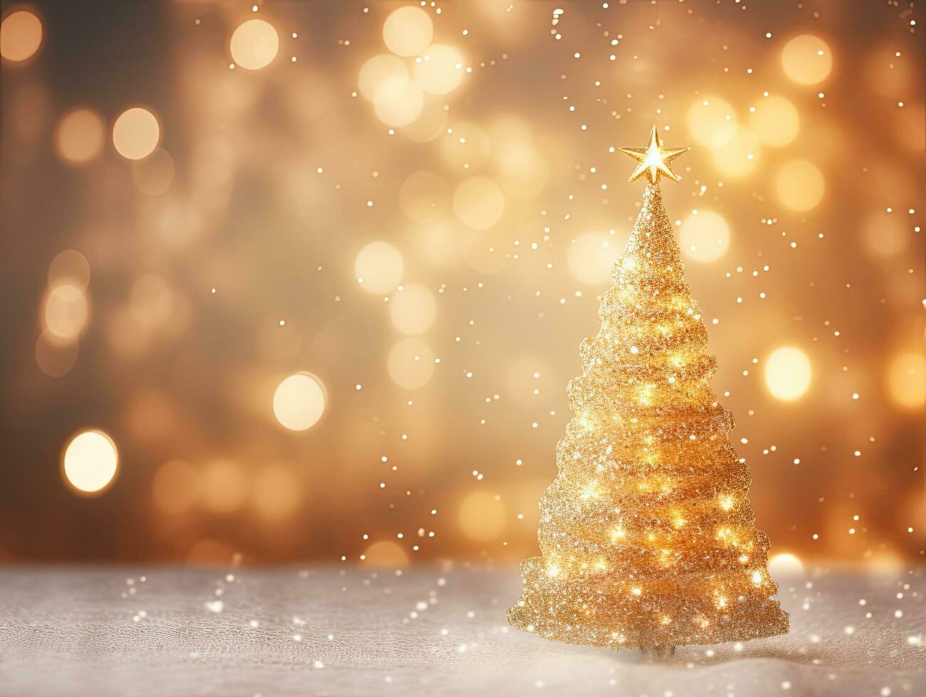 AI generated Gold sparkly Christmas tree on a bokeh lights background photo