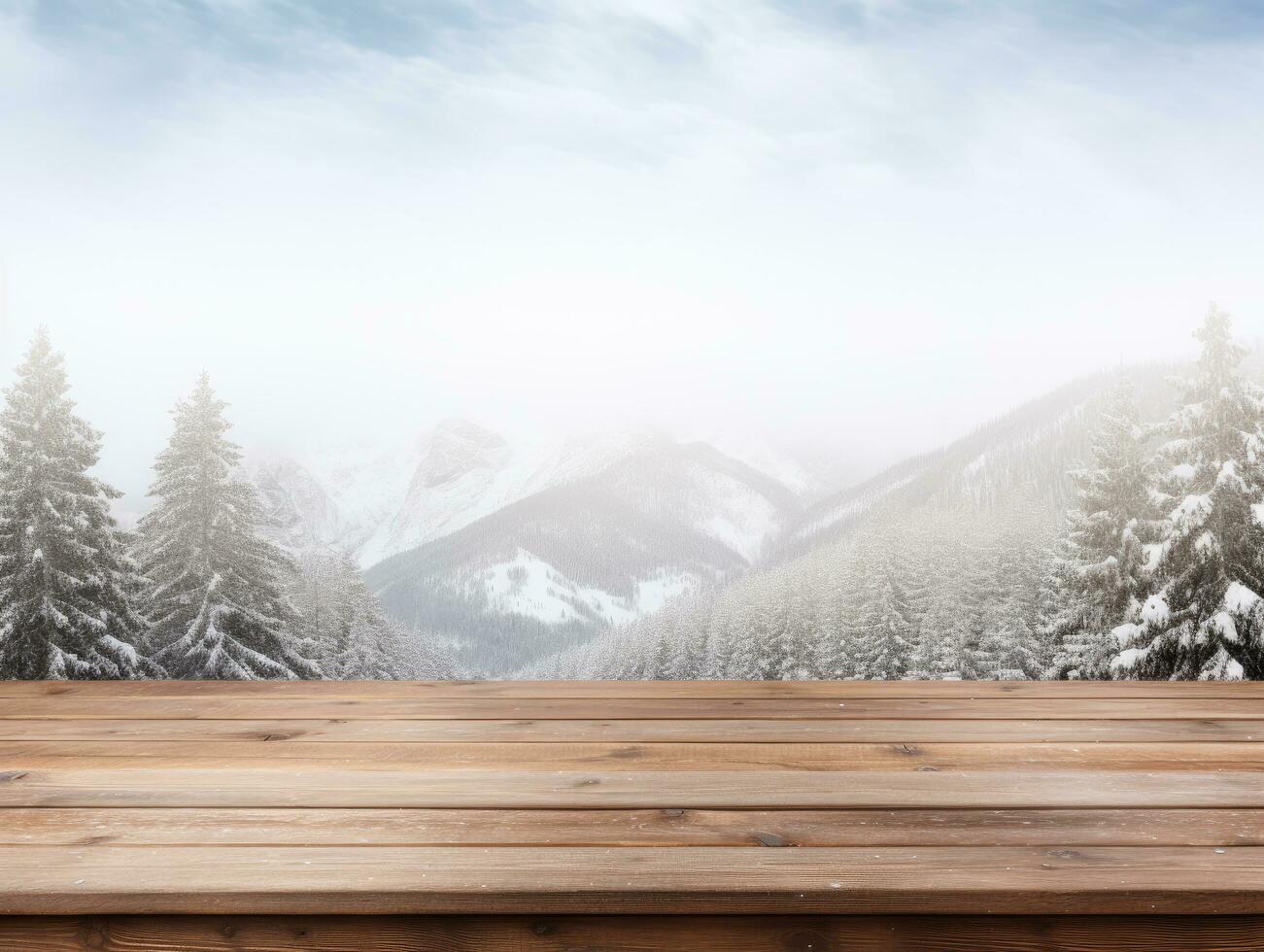 AI generated Display background with empty wooden table against a snowy landscape photo