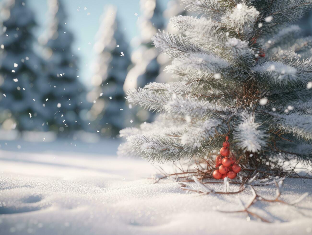 AI generated Close up of Christmas tree in a snowy landscape photo