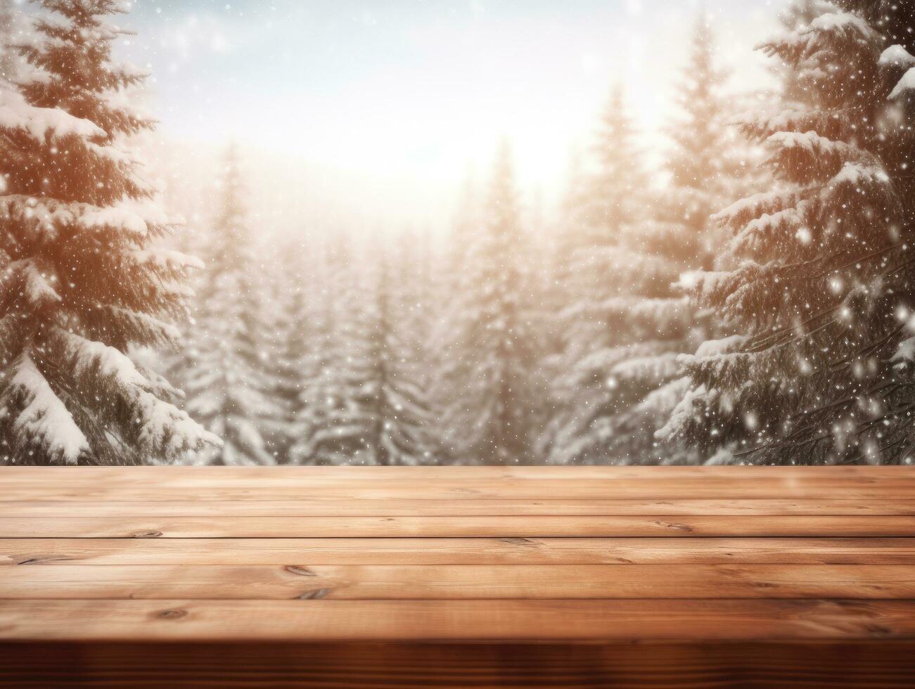 AI generated Christmas winter landscape with an empty wooden table photo