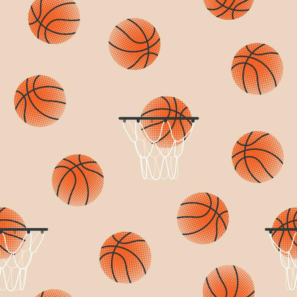 Basketball balls and hoop seamless pattern with texture. Modern colorful illustration for flyers, banners, web and print. Sport, team play concept. Vector flat modern illustration isolated.