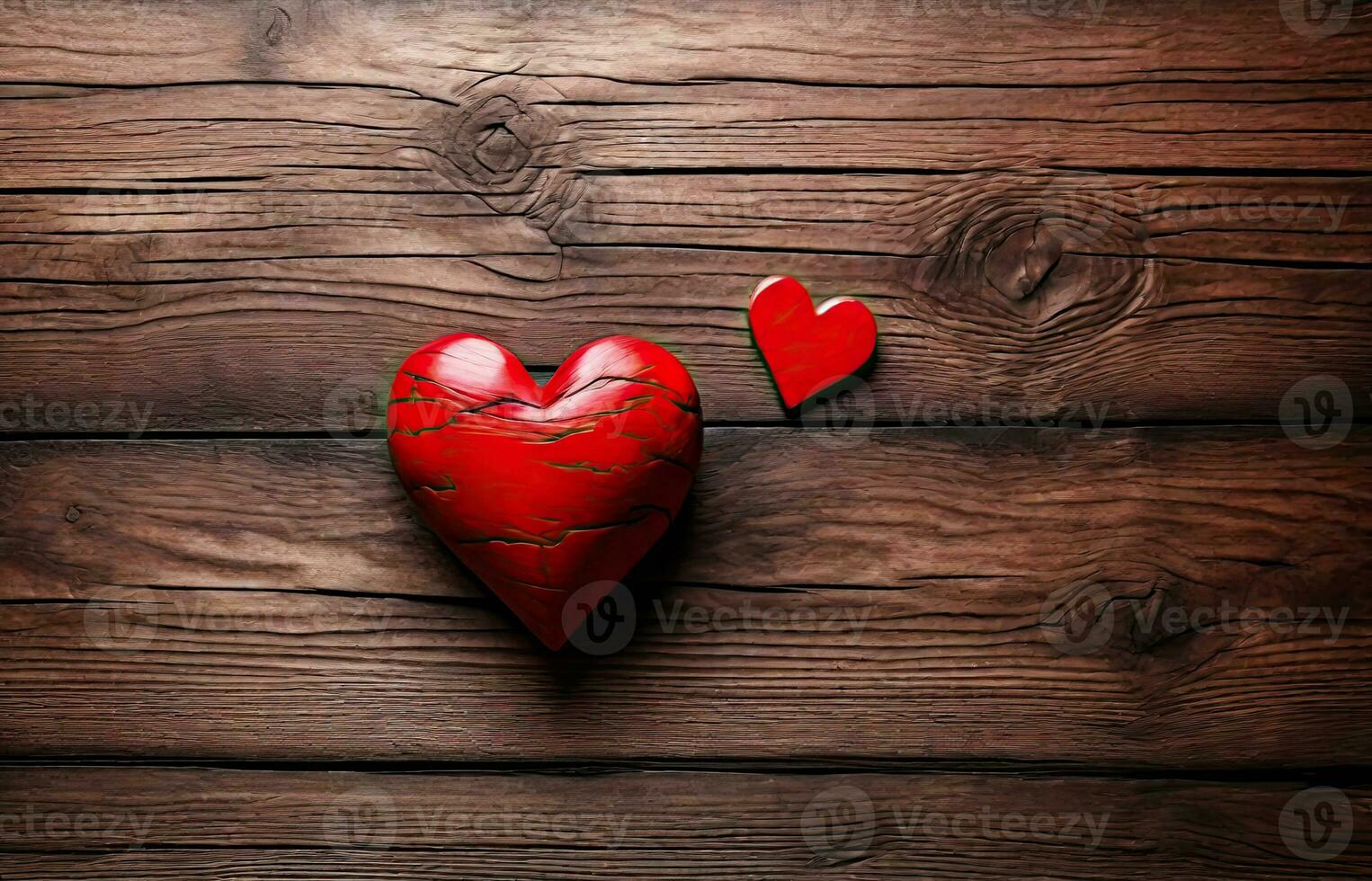 two red hearts on dark wooden background. AI Generative photo