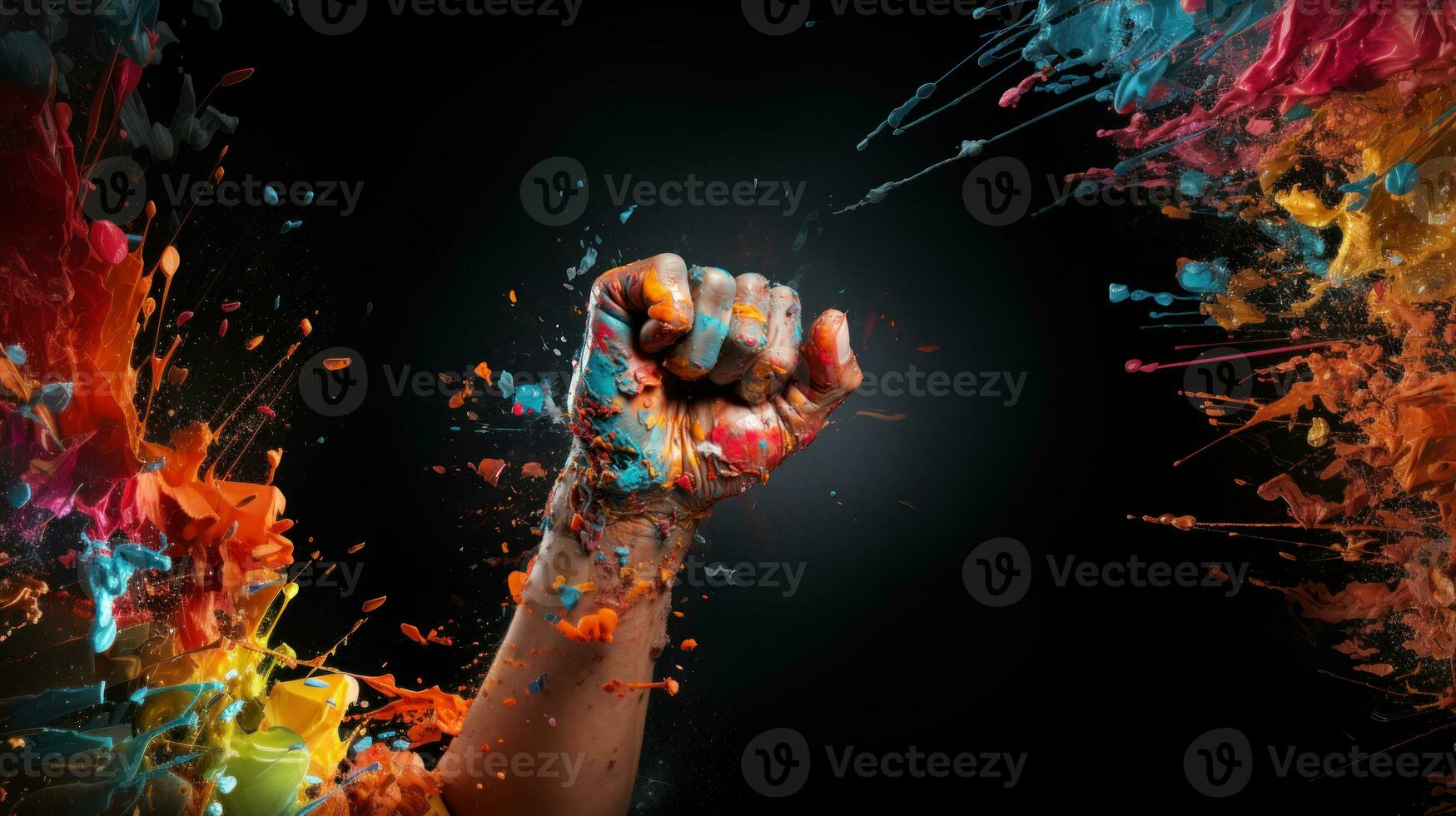 AI generated Close-up of human hand fist with paint splashes on black background. photo