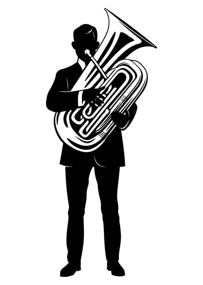 Silhouette of man playing on a tuba. Vector clipart isolated on white.