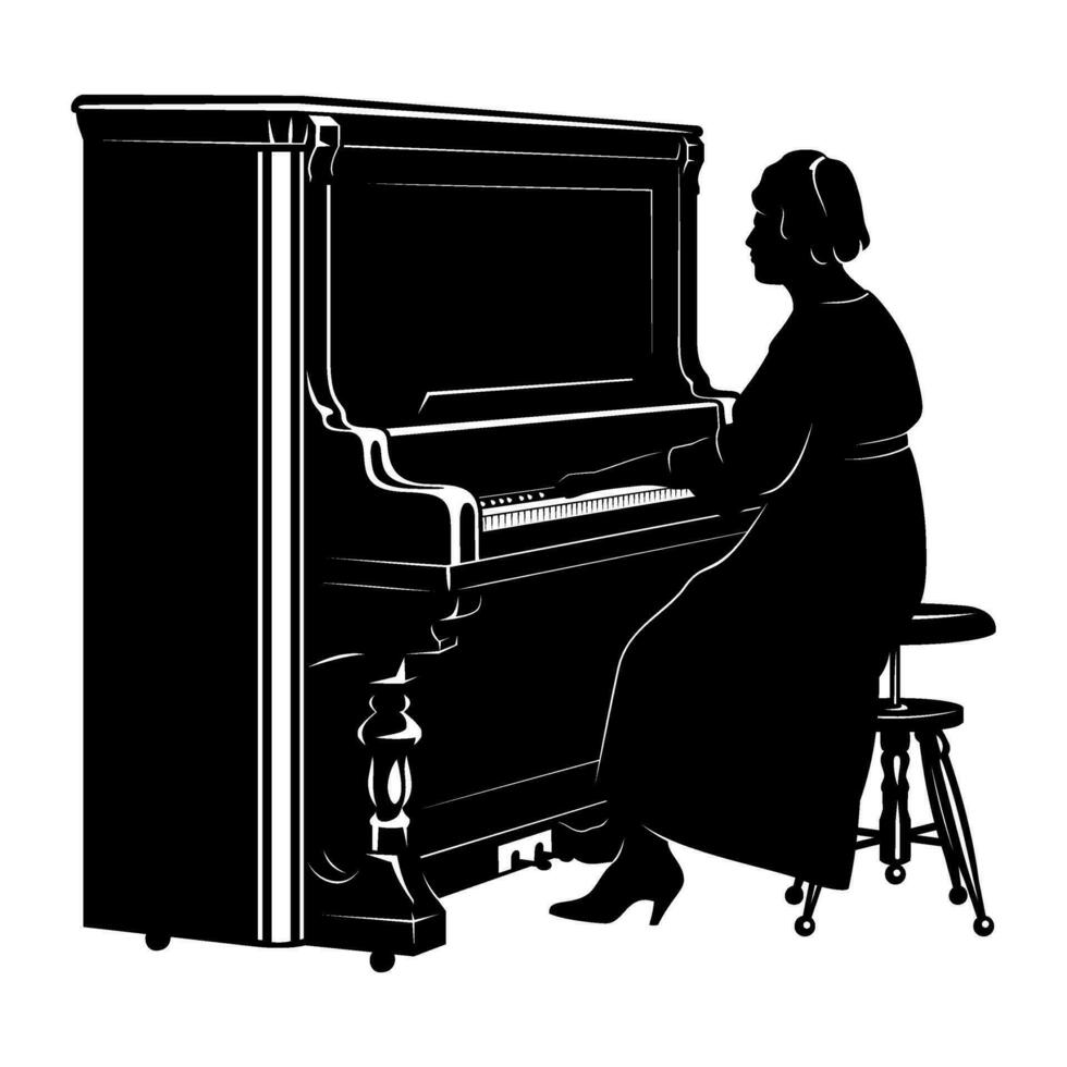 Silhouette of woman playing on a retro piano. Vector clipart isolated on white.