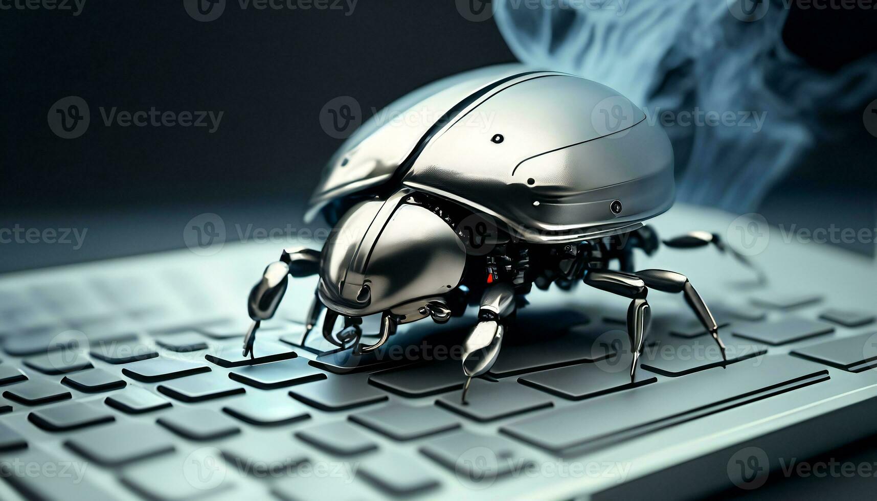 Beetle attacks and destroys electronics. Concept of computer virus and malicious software code. Generative AI photo