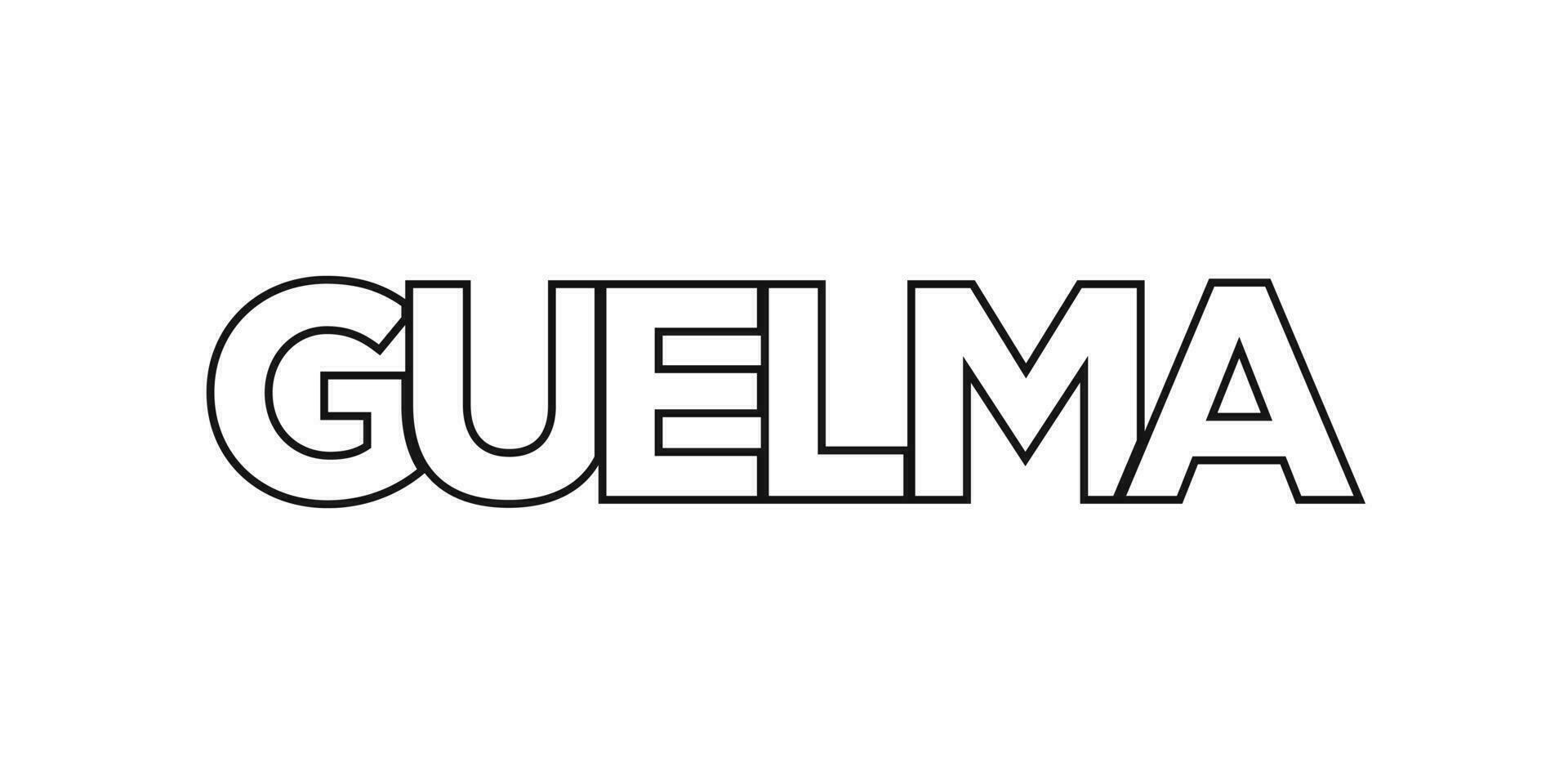 Guelma in the Algeria emblem. The design features a geometric style, vector illustration with bold typography in a modern font. The graphic slogan lettering.