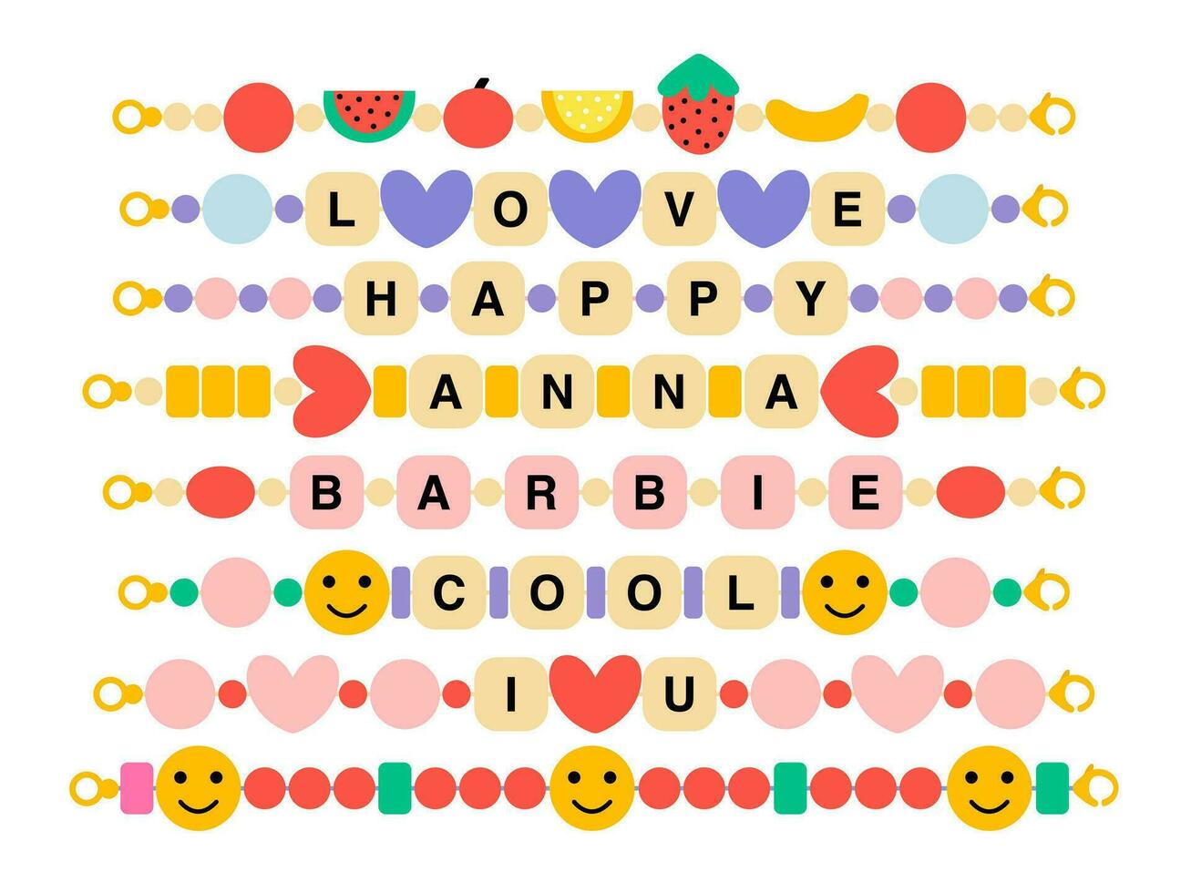 Set of plastic beads bracelets flat style vector set. Different kinds of funky trendy bracelets with fruits and letters