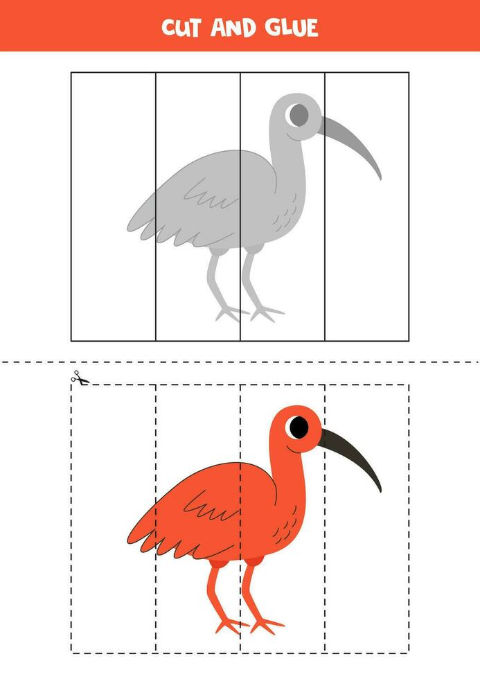 Cut and glue game for kids. Cute cartoon scarlet ibis. vector