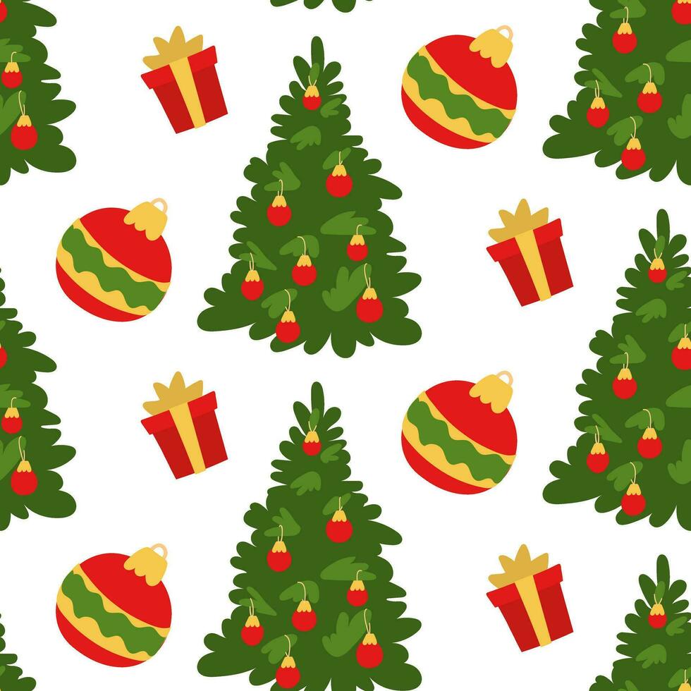 A Christmas pattern with a decorated Christmas tree, a gift box, a Christmas tree toy. Flat vector illustration. Template for wrapping paper, festive textiles on a white background