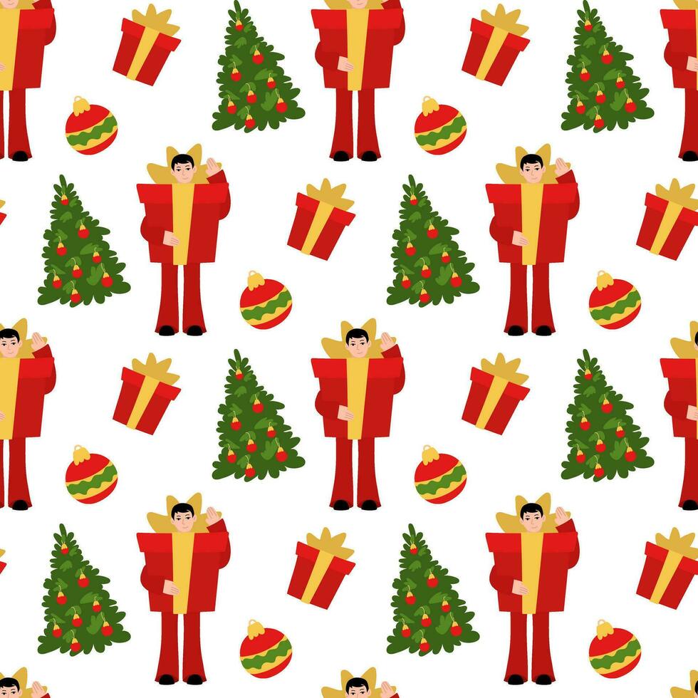 Seamless pattern for Christmas. A man in a big gift suit with a bow, a Christmas tree toy and a Christmas tree. Festive cute children's packaging, textiles. Christmas background on white vector