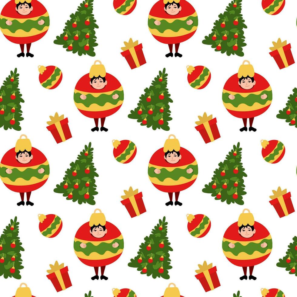 sin costura modelo para Navidad. un pequeño chico en un Navidad árbol juguete disfraz con un regalo y un Navidad árbol. festivo linda para niños embalaje, textiles. Navidad antecedentes en blanco vector