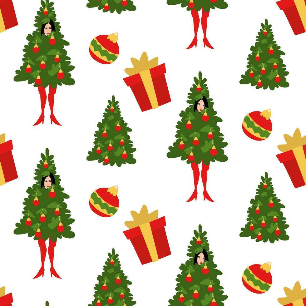 Seamless pattern for Christmas. A beautiful girl put on a Christmas tree costume in red tights. Decorated Christmas tree with a gift and a Christmas tree toy. Christmas background on white vector