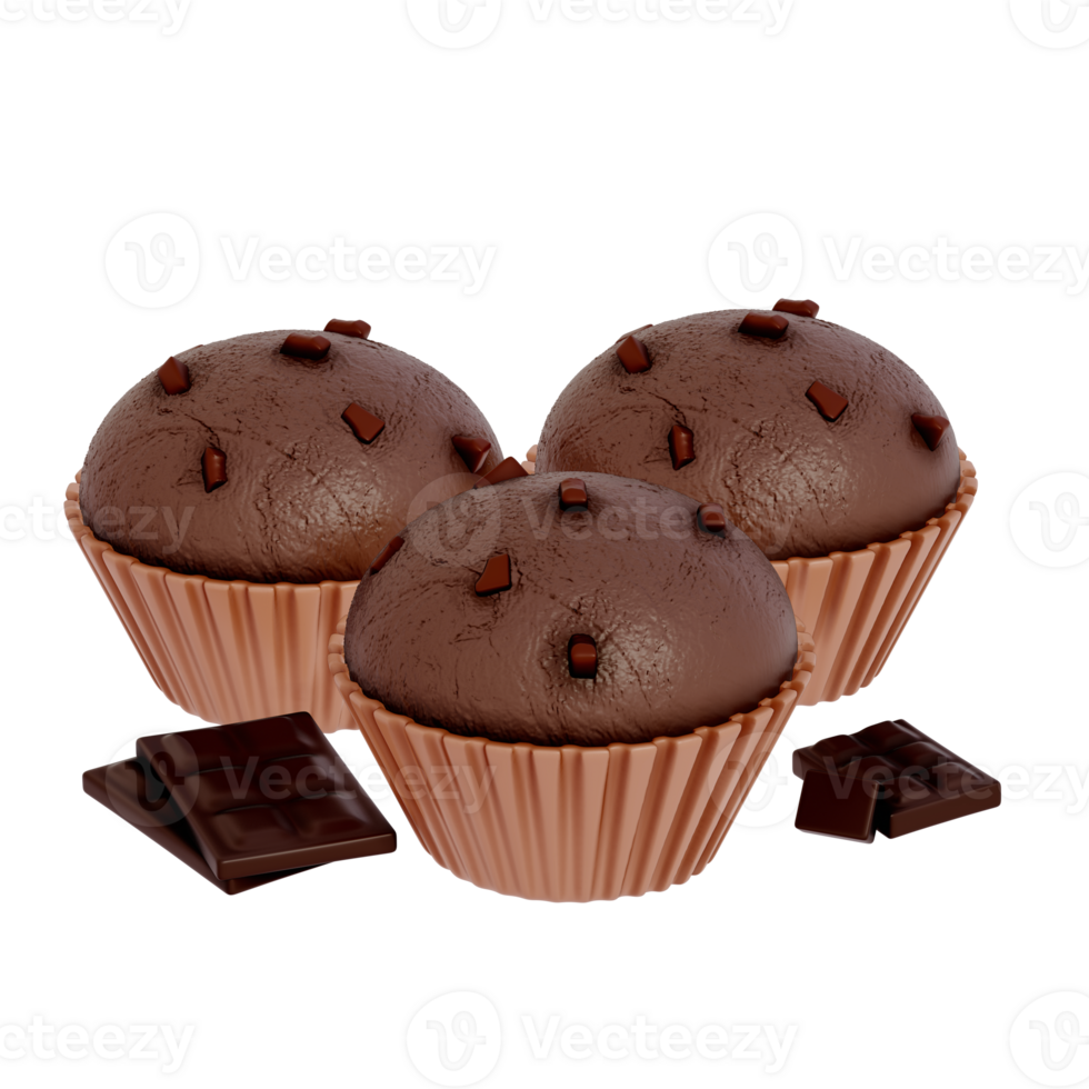 Chocolate Dessert 3D Clipart , set of mini chocolate muffins on a tranparent background . 3D rendering png