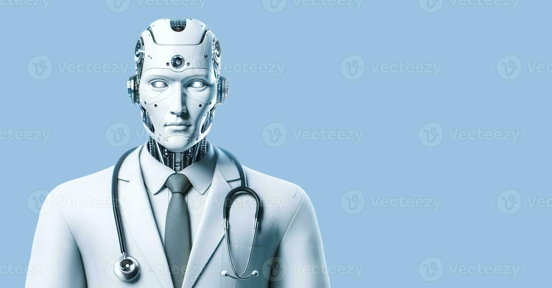 A futuristic robotic doctor in a doctor's coat with a stethoscope on a blue background, concept of advanced medical technology. AI Generative photo
