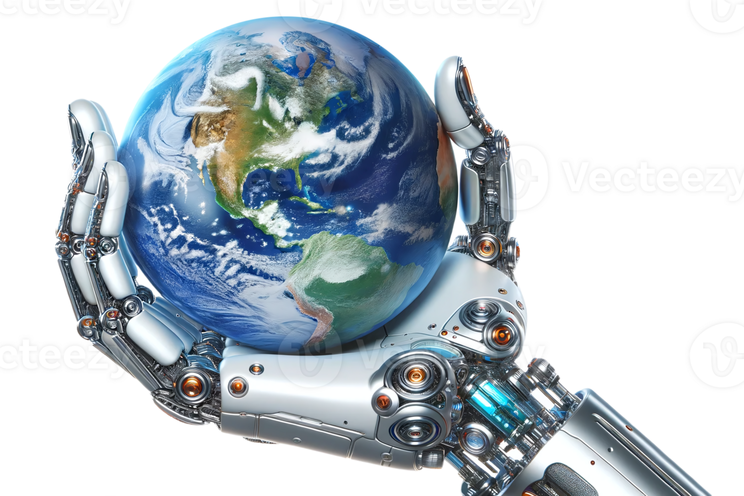 Concept of technology's global impact. Robotic hand holding an Earth globe on transparent background. AI Generative png