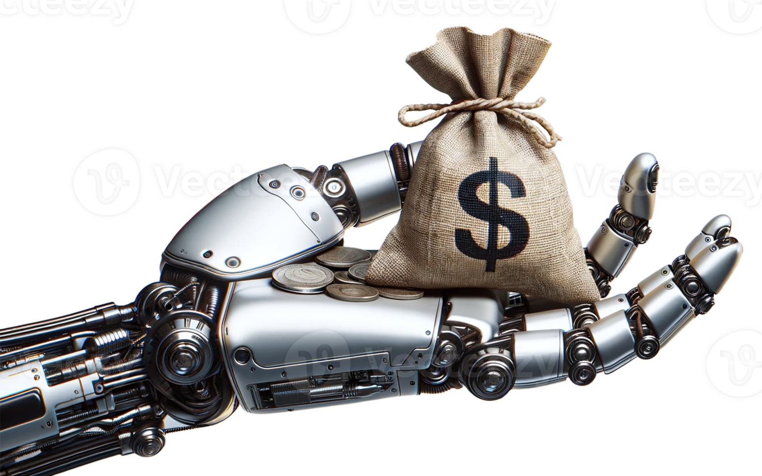 A robotic arm holding a burlap money bag with a dollar sign on transparent background. Concept of financial technology or automation in finance. AI Generative png
