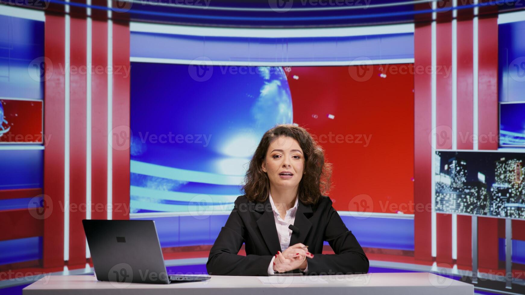 Broadcaster addressing daily events with world newscast material, talking about latest international news. Media presenter discuss about headlines on television program, presenting reportage. photo