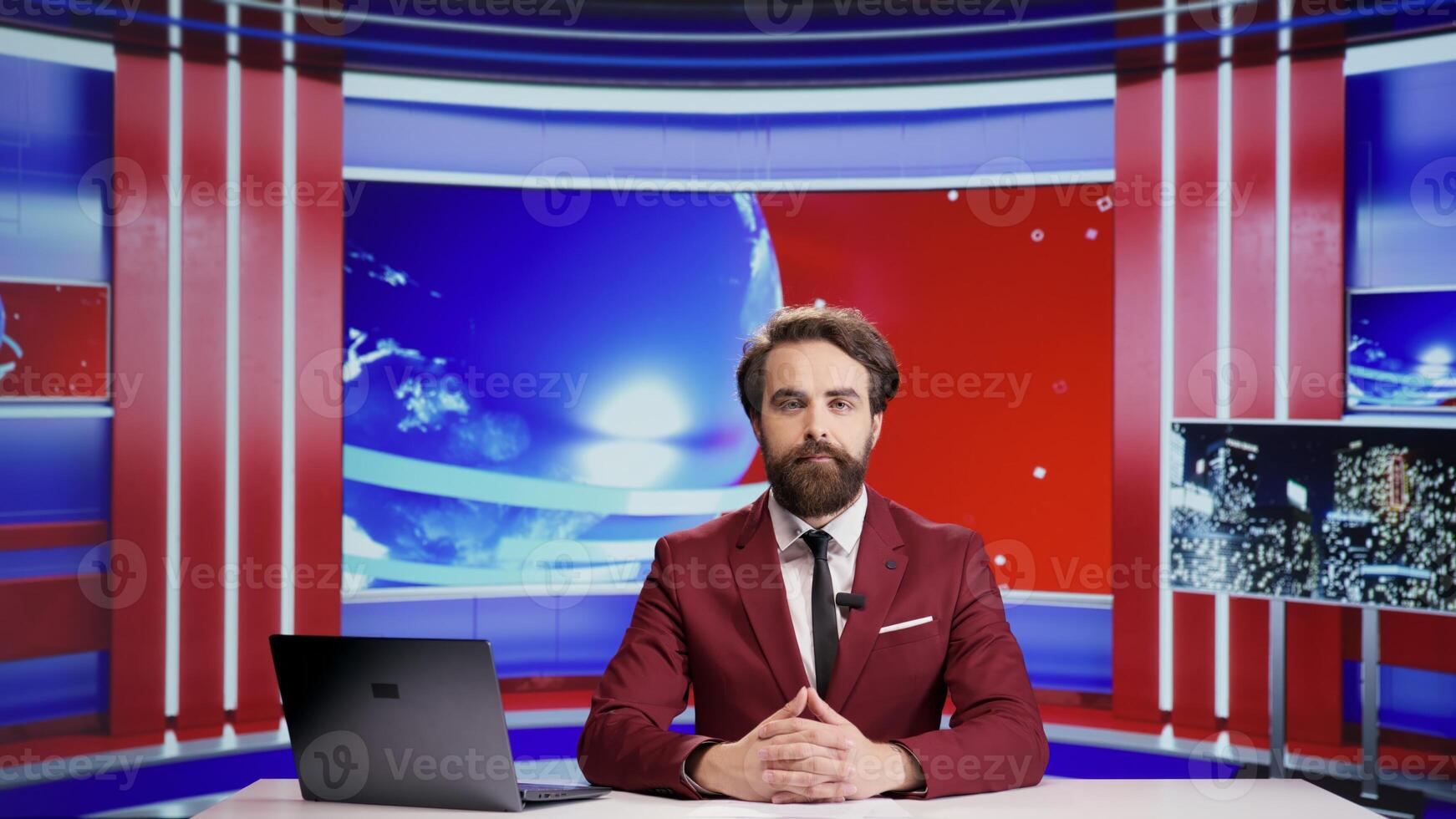 News anchor presenting events live on international television, talking about latest news. Media presenter covers politics or economics topics on tv program, broadcasting advertisement. photo